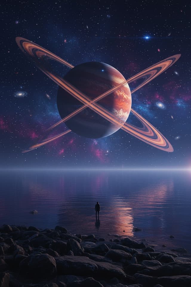 A lone figure on an alien shore beneath an immense ringed planet