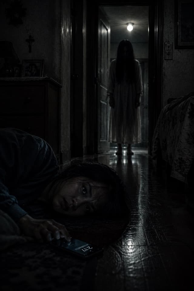 A dark bedroom at 2:17 a.m. — a terrified woman on the floor as a pale figure stands in the hallway doorway