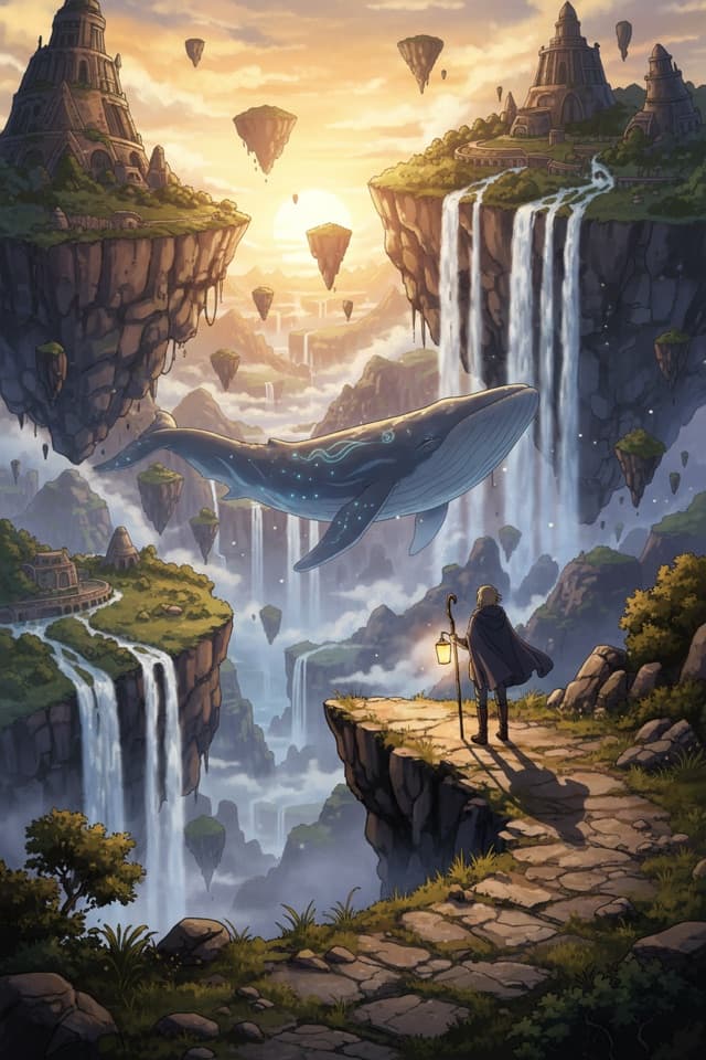 An anime frame of a cloaked traveler with a lantern watching a sky-whale glide between floating islands