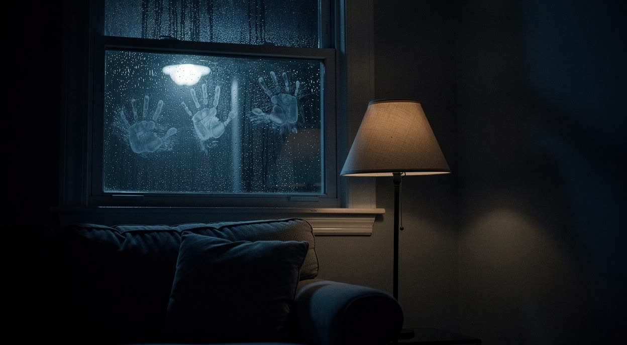 A rain-streaked living-room window at night, three pale handprints on the glass